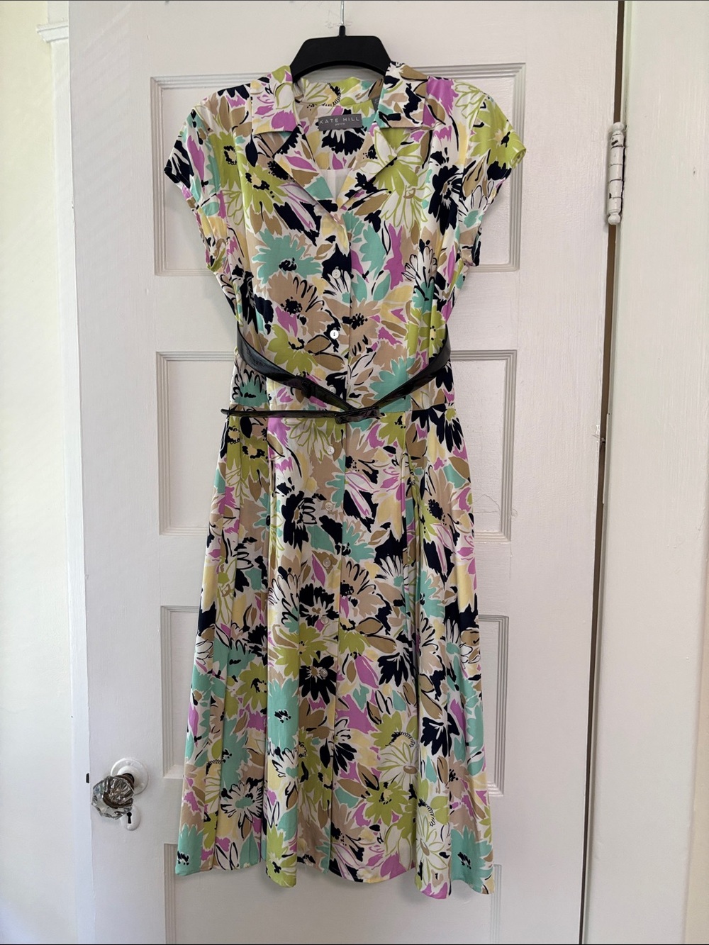 Kate Hill Floral Dress Petite 4 Silk Cotton Vintage Mint Lime Black EUC Belt